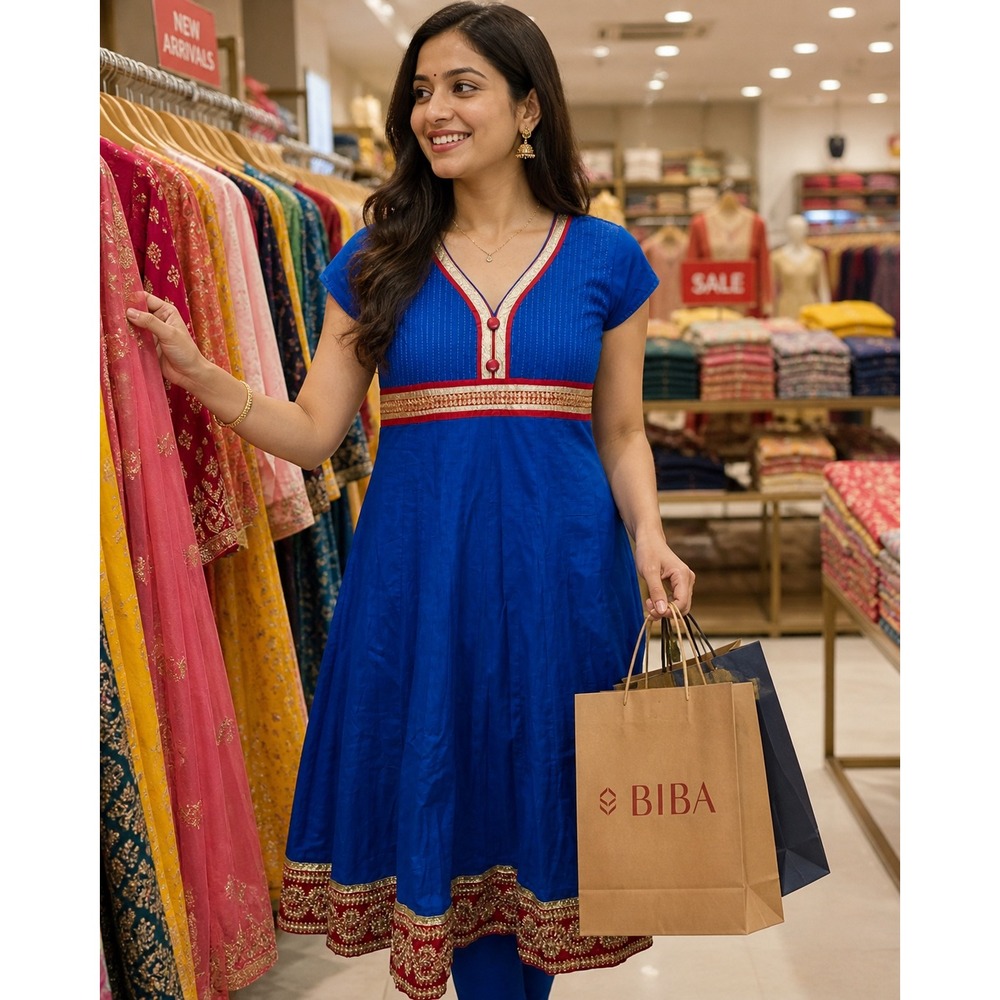 Biba Blue Anarkali Dress Women Size 40 Gold Red Embroidered Indian Kurta Kurti